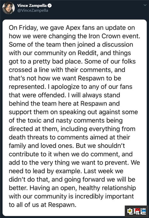 重生工作室CEO為《Apex英雄》制作人辱罵玩家事件道歉 大逃殺 重生工作室 EA Apex英雄 電玩迷資訊  第3張