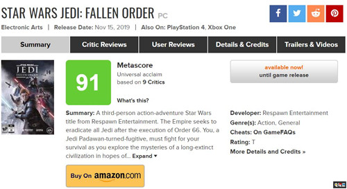 《星球大戰(zhàn)絕地：隕落的武士團》評分解禁PC版MC綜合高達91分 游戲評分 重生工作室 EA 星球大戰(zhàn)絕地：隕落的武士團 電玩迷資訊  第2張