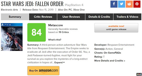 《星球大戰(zhàn)絕地：隕落的武士團》評分解禁PC版MC綜合高達91分 游戲評分 重生工作室 EA 星球大戰(zhàn)絕地：隕落的武士團 電玩迷資訊  第3張