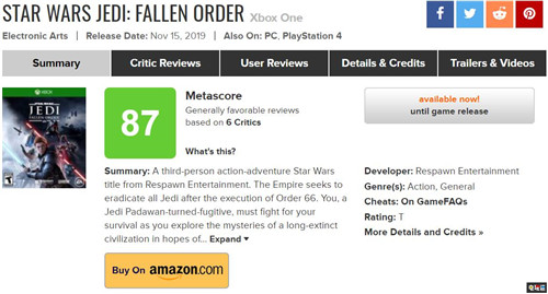 《星球大戰(zhàn)絕地：隕落的武士團》評分解禁PC版MC綜合高達91分 游戲評分 重生工作室 EA 星球大戰(zhàn)絕地：隕落的武士團 電玩迷資訊  第4張