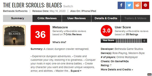 《上古卷軸：刀鋒》Switch版MC綜評(píng)36分 空洞且無(wú)聊 貝塞斯達(dá) 上古卷軸：刀鋒 Switch 任天堂SWITCH  第2張