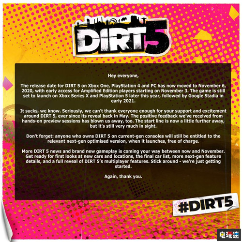 塵埃又吹跑了《塵埃5》本世代版本再次跳票至11月 PC XboxOne PS4 競(jìng)速 塵埃5 電玩迷資訊 第2張 塵埃又吹跑了《塵埃5》本世代版本再次跳票至11月 PC XboxOne PS4 競(jìng)速 塵埃5 電玩迷資訊 第2張