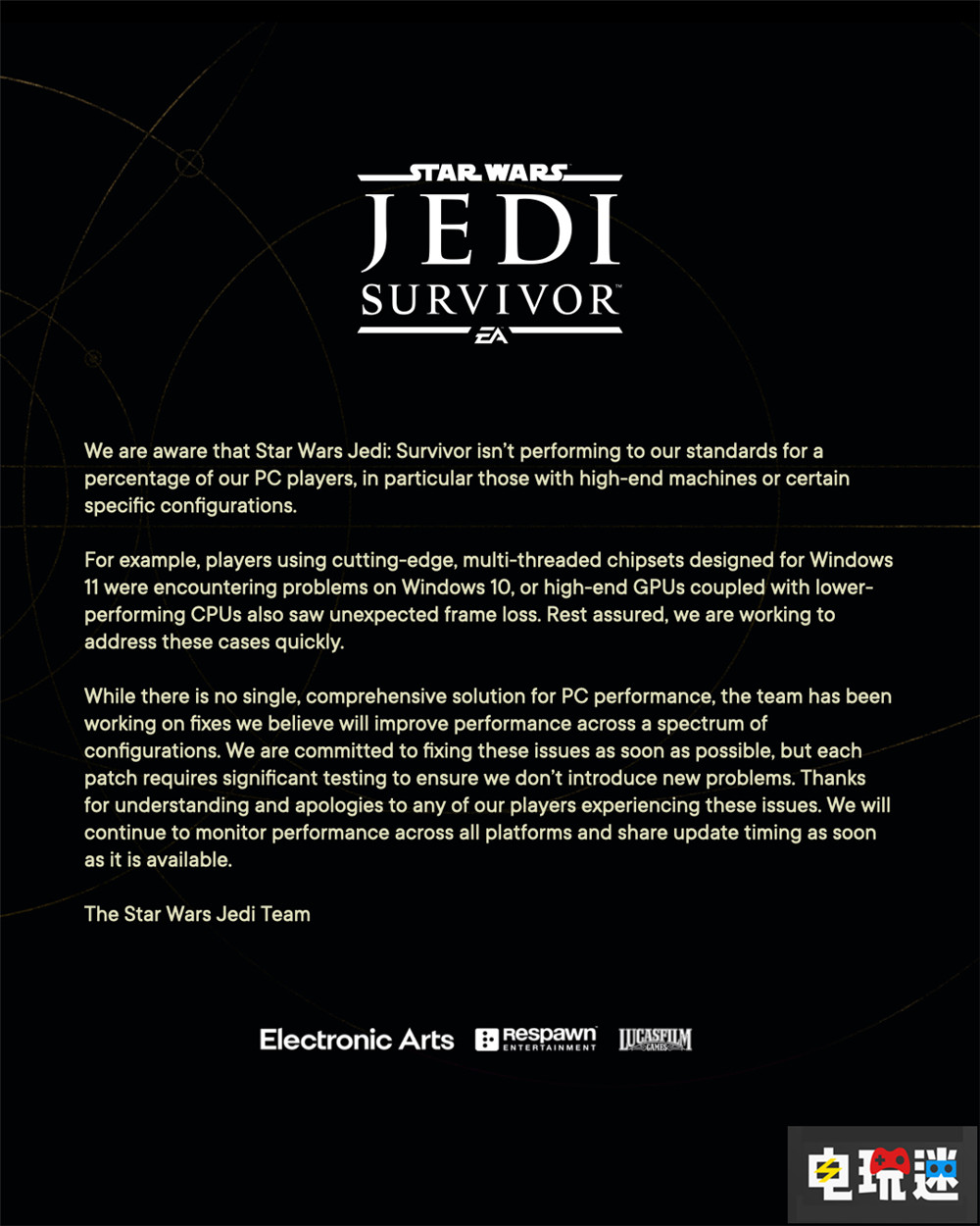 EA承認《星球大戰(zhàn) 絕地:幸存者》優(yōu)化問題 會盡快解決 單機游戲 游戲優(yōu)化 重生工作室 EA 星戰(zhàn) 星球大戰(zhàn) 絕地:幸存者 電玩迷資訊 第2張 EA承認《星球大戰(zhàn) 絕地:幸存者》優(yōu)化問題 會盡快解決 單機游戲 游戲優(yōu)化 重生工作室 EA 星戰(zhàn) 星球大戰(zhàn) 絕地:幸存者 電玩迷資訊 第2張