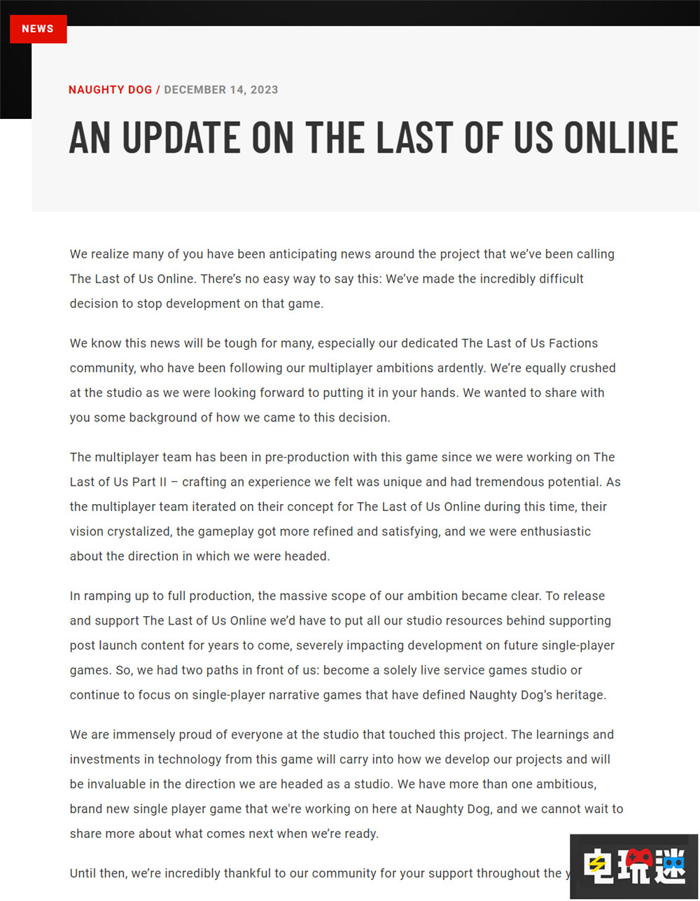 頑皮狗宣布終止開發(fā)《最后生還者》多人項目 單人游戲 頑皮狗 索尼 服務(wù)型游戲 最后生還者 索尼PS  第3張