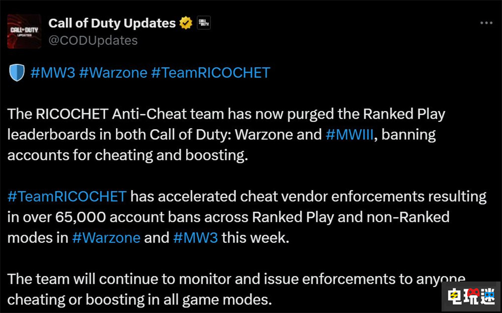 動視宣布封禁6.5萬個《使命召喚:現(xiàn)代戰(zhàn)爭3》與戰(zhàn)區(qū)作弊賬號 外掛 作弊 戰(zhàn)區(qū) 現(xiàn)代戰(zhàn)爭3 使命召喚 電玩迷資訊 第2張 動視宣布封禁6.5萬個《使命召喚:現(xiàn)代戰(zhàn)爭3》與戰(zhàn)區(qū)作弊賬號 外掛 作弊 戰(zhàn)區(qū) 現(xiàn)代戰(zhàn)爭3 使命召喚 電玩迷資訊 第2張