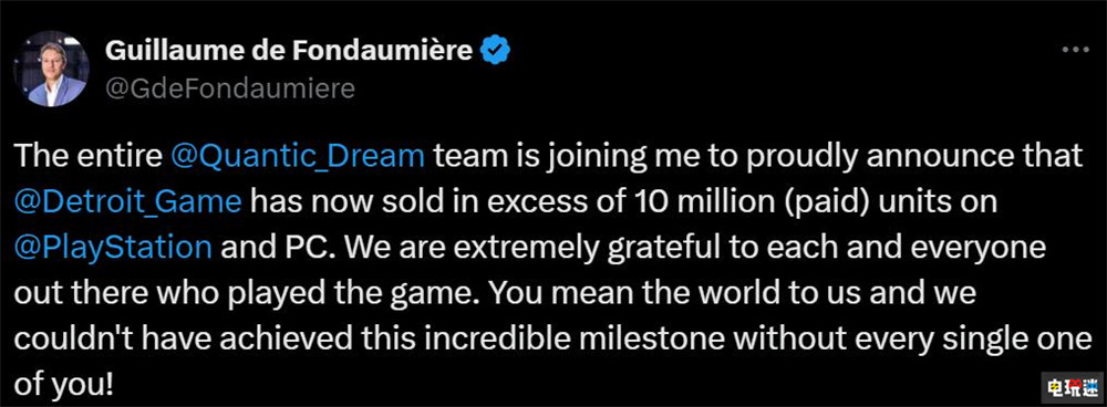 《底特律：變?nèi)恕蜂N量達到1000萬份里程碑 今年又賣了100萬份 Quantic Dream 游戲銷量 冒險游戲 底特律：變?nèi)?電玩迷資訊  第2張