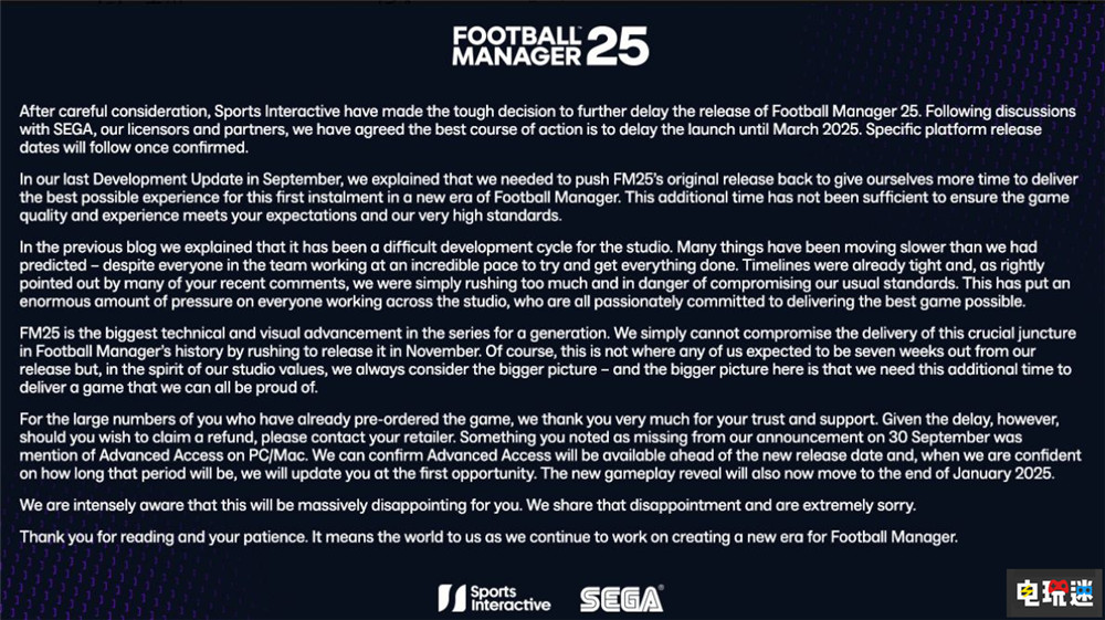 《足球經(jīng)理25》跳票明年3月 系列首次斷檔 足球游戲 跳票 游戲延期 Sports Interactive 世嘉 模擬游戲 體育游戲 足球經(jīng)理25 電玩迷資訊  第2張