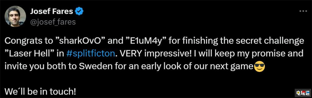 《雙影奇境》總監(jiān)祝賀國人玩家首通隱藏關(guān) 邀請去挪威體驗新作 Hazelight 約瑟夫·法爾斯 全球首通 隱藏關(guān)卡 雙影奇境 電玩迷資訊  第2張